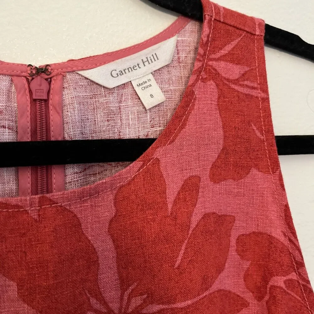 Garnet Hill 100% Linen Fringe Hem A-Line Dress, Pink & Red Hibiscus Floral- Sz 8 - Picture 4 of 9